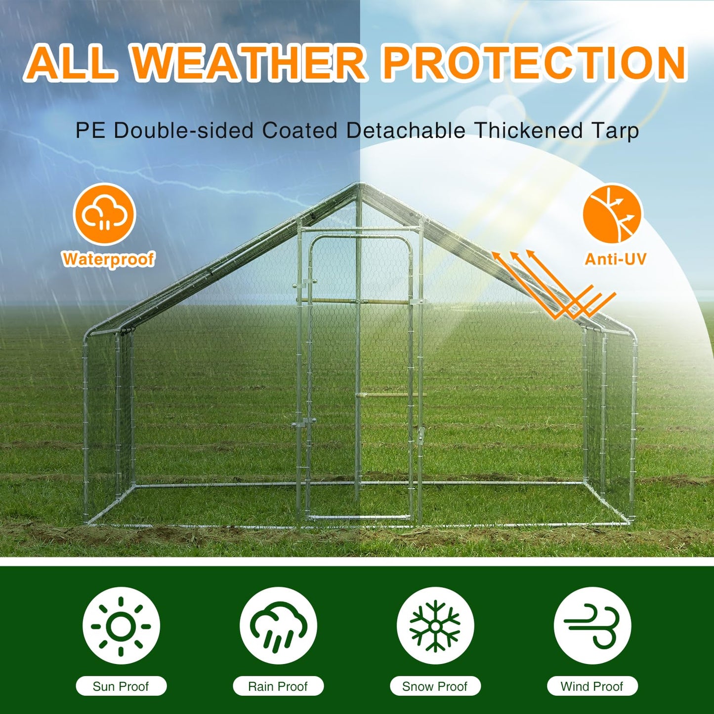 Large Metal Chicken Coop Chicken Runs for Yard with Cover Walk in Poultry Cage with Waterproof & Anti-UV Cover Heavy Duty Chicken Pen for Outdoor, Duck Rabbit Cage