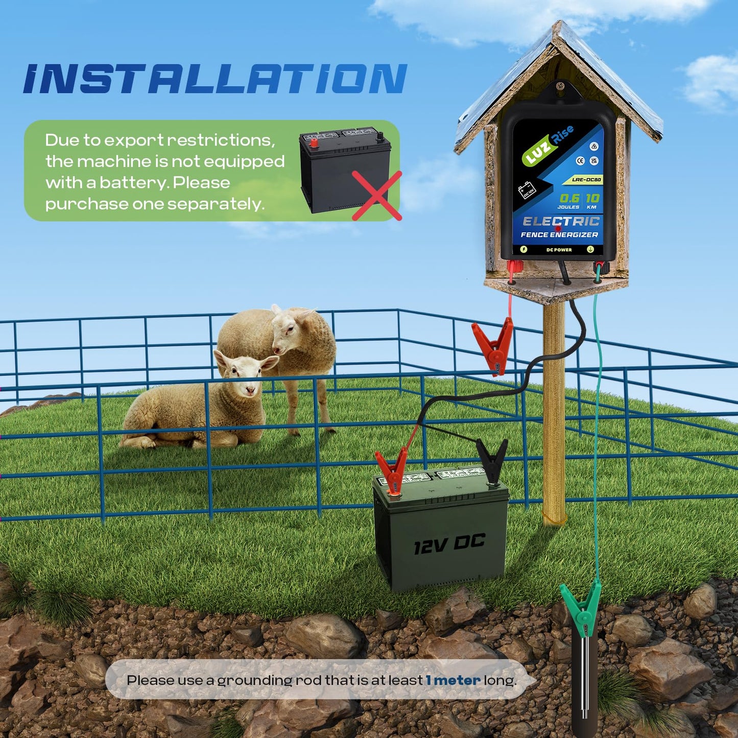 Luzrise Electric Fence Energizer DC Powered Electric Fence Charger 0.6J Output 10KM Range with IP65 Waterproof Function for Livestock, Farmland, Garden, Preventing Wild Animals Intruding (LRE-DC80)