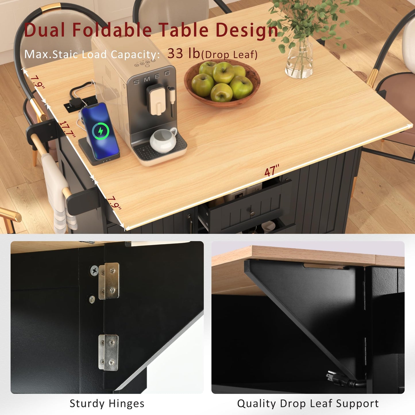Merax 55.7" Large Kitchen Cart Island on Wheels Foldable Dining Table with 2 Drop Leaf,Power Outlet,3 Drawers,Wood Frame Storage Cabinet