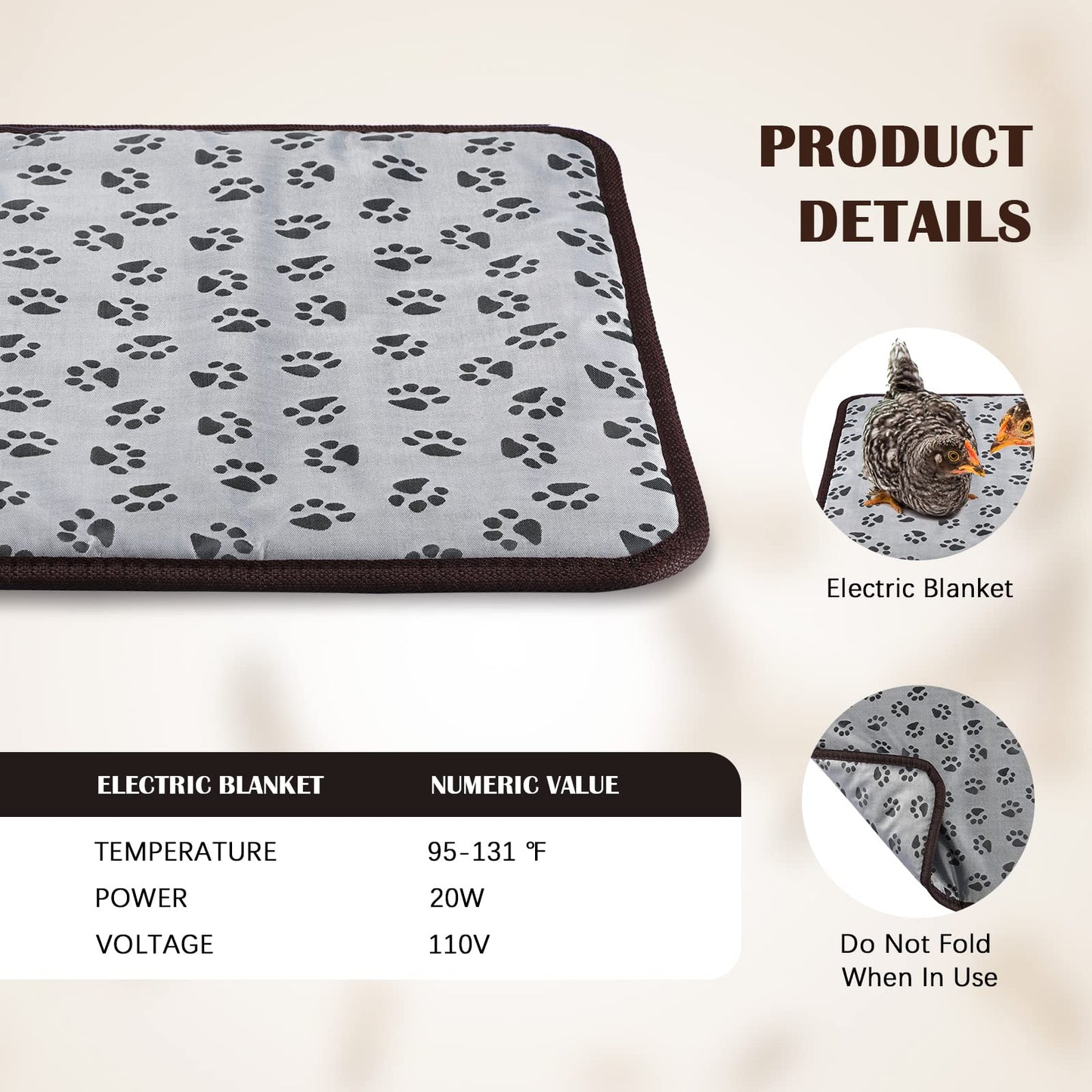 Chicken Heating Pad Chicken Coop Heater 110V Power 20W Electric Heating Mat Heated Bed Adjustable Pad Blankets Warming Bed Mats with Chew Resistant Cord for Pet Supplies