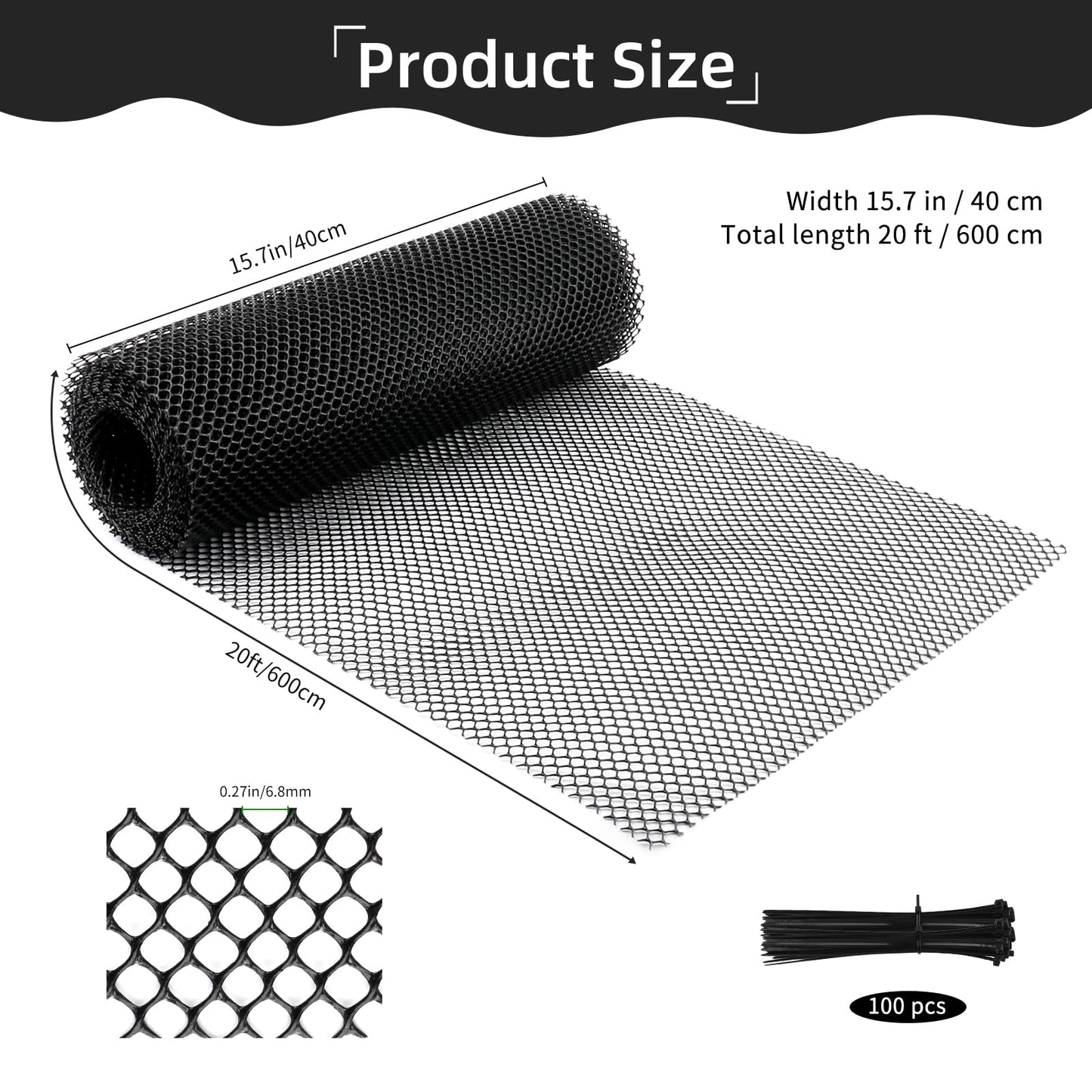 15.7 Inch x 20 Ft Plastic Chicken Wire Fencing,Black Poultry Netting with 100 Twist Ties,Garden Fence for Animals, Mesh Tree Guard Trunk Protectors and Floral Arrangements