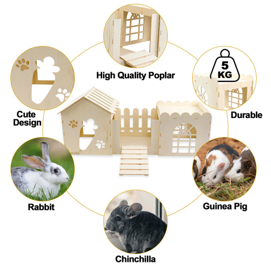 Large Rabbit Wooden Hideout House, Multi-Chamber Small Animal Wooden Castle Cage, Bunny Playhouse Habitat Decor Tunnel for Dwarf Rabbit Guinea Pig Chinchilla Hedgehog Squirrel