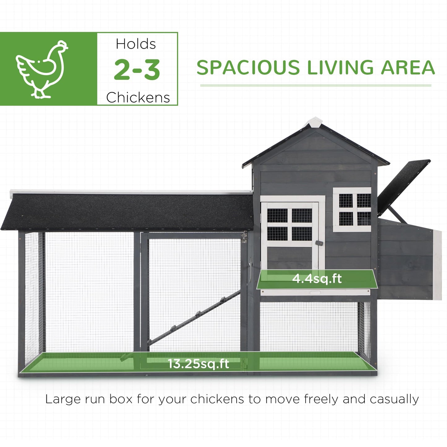 PawHut 84" Wooden Chicken Coop, Hen House Outdoor with Run Nesting Box, Asphalt Roof, Removable Tray, Ramp, Poultry Cage for 2-3 Chickens, Gray