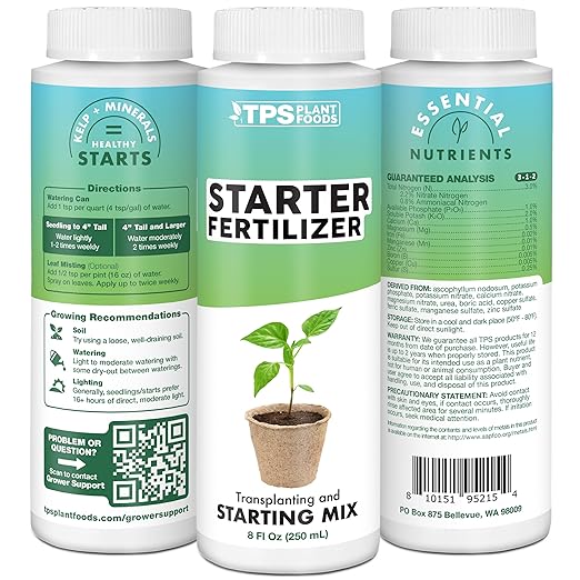 TPS NUTRIENTS Starter Plant Fertilizer, Gentle Complete Formula Plus Micronutrients for Starts and Transplants, Liquid Plant Food 8 oz (250mL)
