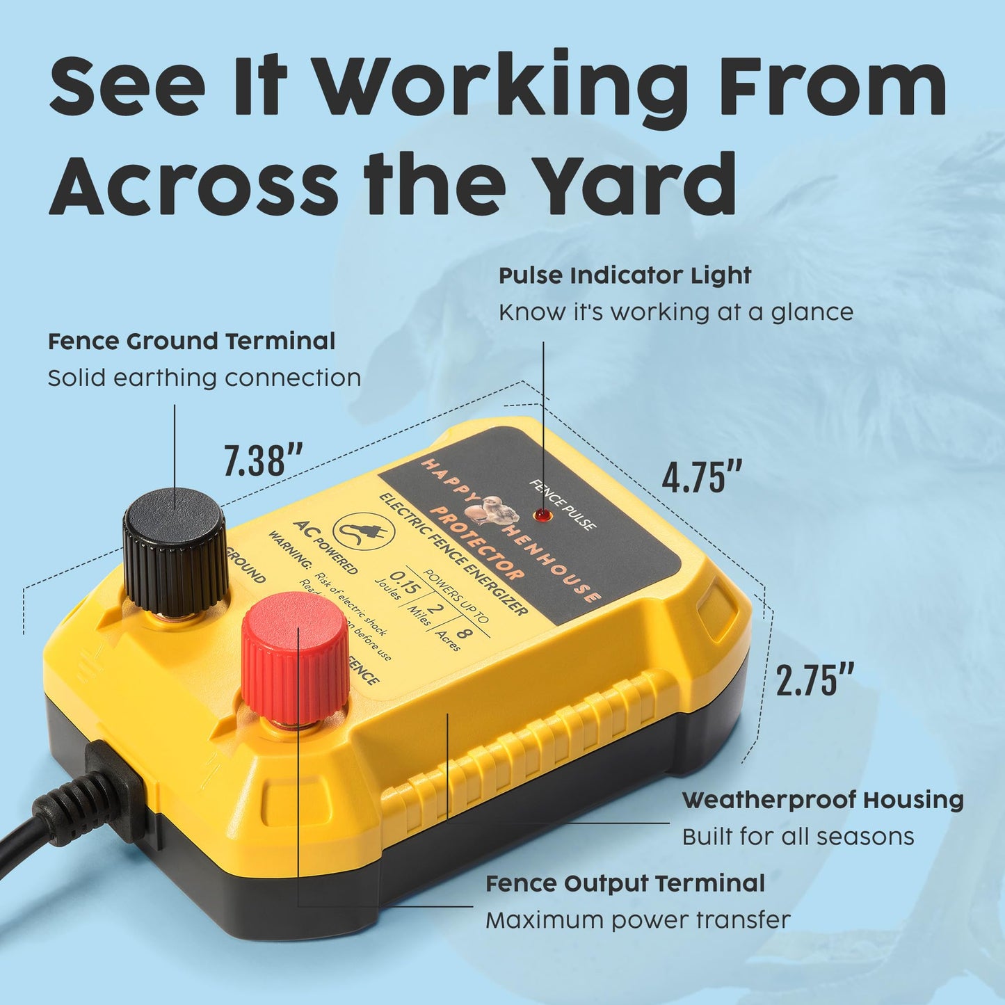 Happy Henhouse Electric Fence Charger - Powerful 110V AC Plug-in Fence Energizer for Chickens, Small Farms & Gardens - Easy Setup Predator Protection for Safer Free-Ranging