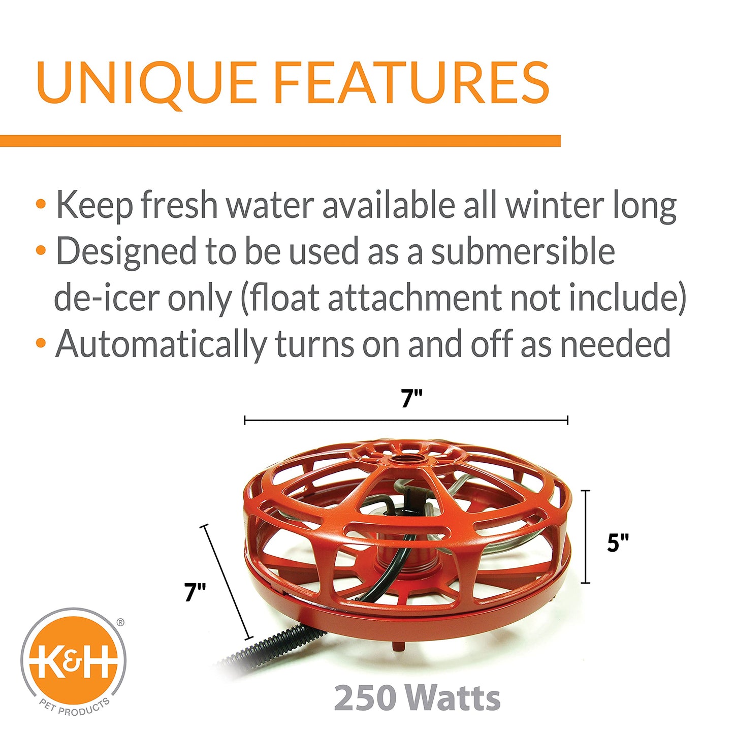 K&H Pet Products Bucket Heater, Ultimate Pail & Bucket Water Submersible Deicer (No Float), Animal Bucket Heater for Goats, Horses, Cattle, Chickens and Livestock Deicer - Red 250W