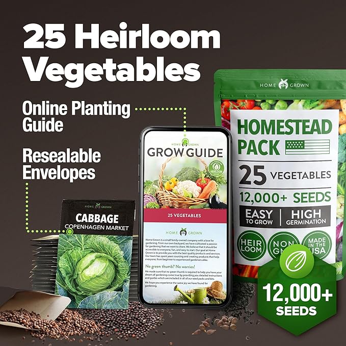HOME GROWN 𝗨𝗦𝗔 𝗣𝗥𝗘𝗠𝗜𝗨𝗠 25 Heirloom Vegetable Seeds Kit - 14,200+ NON-GMO Seeds for Planting Vegetables, Survival Garden Seed Vault, Tomatoes Carrots Beans Kale Peppers, Indoor Outdoor Garden