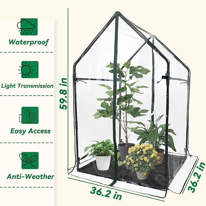 Gardzen Mini Greenhouse with Waterproof Bottom, Portable Green House with Strong Metal Frame, Small Green House for Outside and Inside Use,36.2"(L) x36.2(W) x59.5(H)