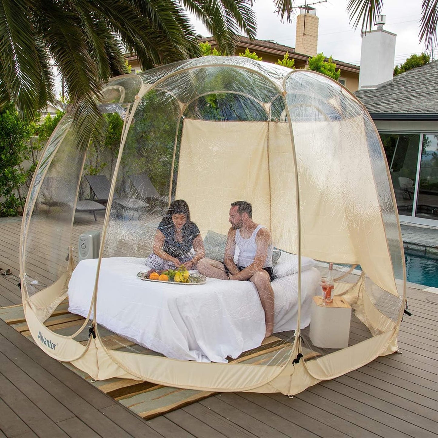 Alvantor Pop Up Bubble Tent - 12’ x 12’ Instant Igloo Tent - 8-10 Person Screen House for Patios - Large Oversize Weather Proof Pod - Cold Protection Camping - Beige