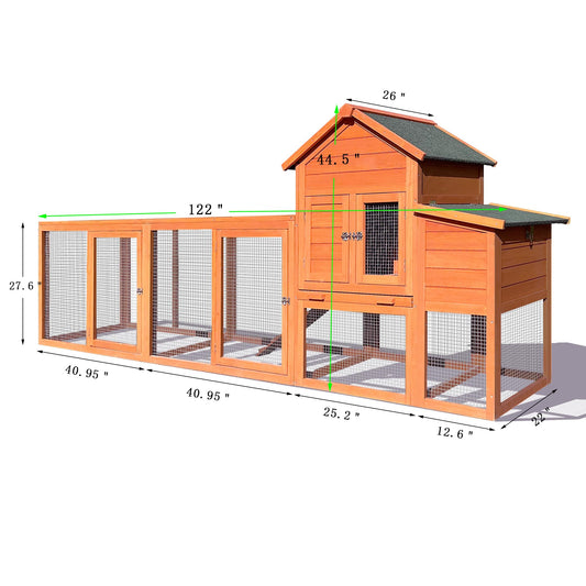 122" Wooden Chicken Coop, Outdoor Chicken Coop with Run for 3-5 Chickens, Hen House Duck Coop with Nesting Box, Chicken Perch and Ramp, Rabbit Hutch Poultry Cage for Backyard