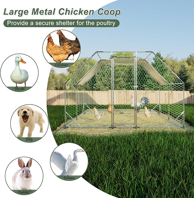 Large Metal Chicken Coop,10x13x6.36 ft Walk-in Chicken Runs for Yard with Waterproof Cover, Flat Shaped Chicken House with Door for Outdoor and Backyard, Farm, Duck Rabbit Cage