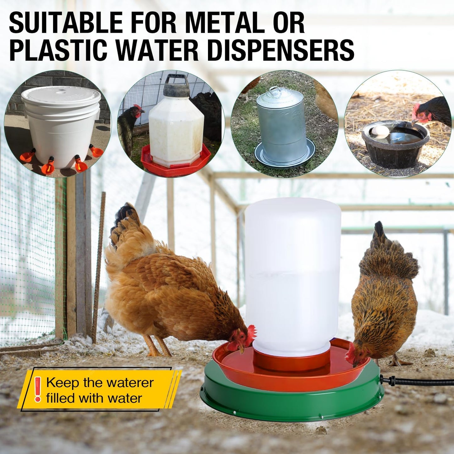 Shaledig 1 Pack Chicken Water Heater for Winter, 125W Thermostat Chicken Waterer Heating Base with 6.6FT Anti-Bite Power Cord for 3–5 Gal Metal Plastic Poultry Fountains Waterer 12.4In Dia Green