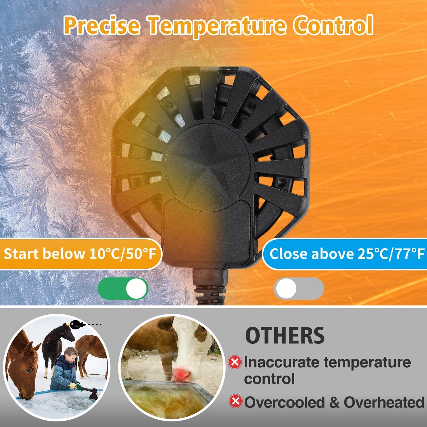 Horse Water Heater - 500W De-icer for 50 Gallon Cows Sheep Livestock Water Trough Tank Bird Bath, Chicken Water Heater Winter Outdoor Thermostatic Control Aluminum Painted PTFE Submersible Heater