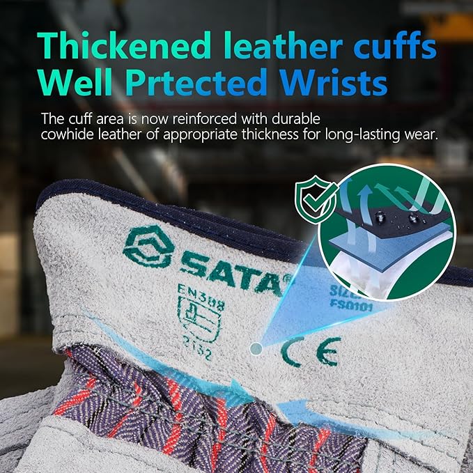 SATA Heavy Duty Halfleather Work Gloves, Doublelayer Cowhide, Cotton Lining, Leather Palm, Gardening, Yard Gloves