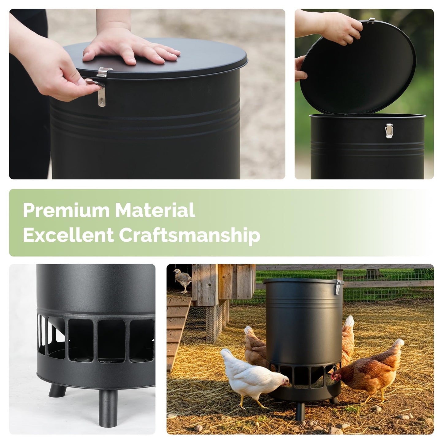 Solution4Patio 50LB No-Waste Chicken Feeder, Large Capacity Gravity Dispenser with Spill Control & 16 Feeding Ports Poultry Feeder for Outdoors & Hen Coop (Black)