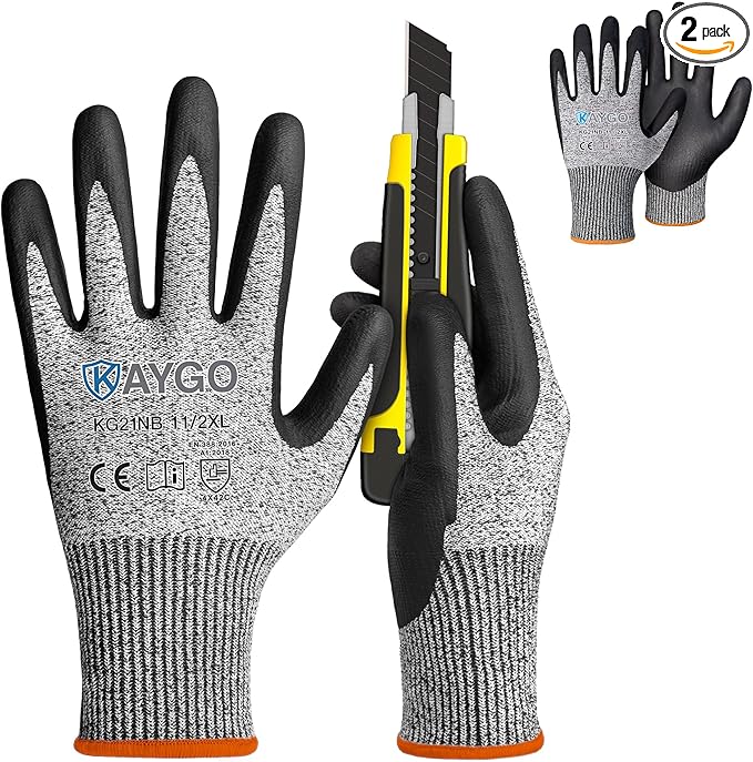 KAYGO 2 Pairs Cut Resistant Gloves for Men and Women, ANSI Cut Level A3 Nitrile Micro-Foam Safety Gloves KG21NB, Durable, Ideal for Wood Carving, Glass Handling, Construction, Fishing, XXL, Grey