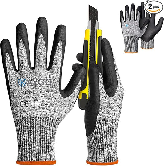 KAYGO 2 Pairs Cut Resistant Gloves for Men and Women, ANSI Cut Level A3 Nitrile Micro-Foam Safety Gloves KG21NB, Durable, Ideal for Wood Carving, Glass Handling, Construction, Fishing, XXL, Grey