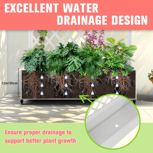 Metal Planter Box with Trellis, Raised Garder Bed with Drainage Hole, Privacy Screen & Trellis for Climbing Plants, Outdoor Plant Stands, 47''L×17''W×73''H, White
