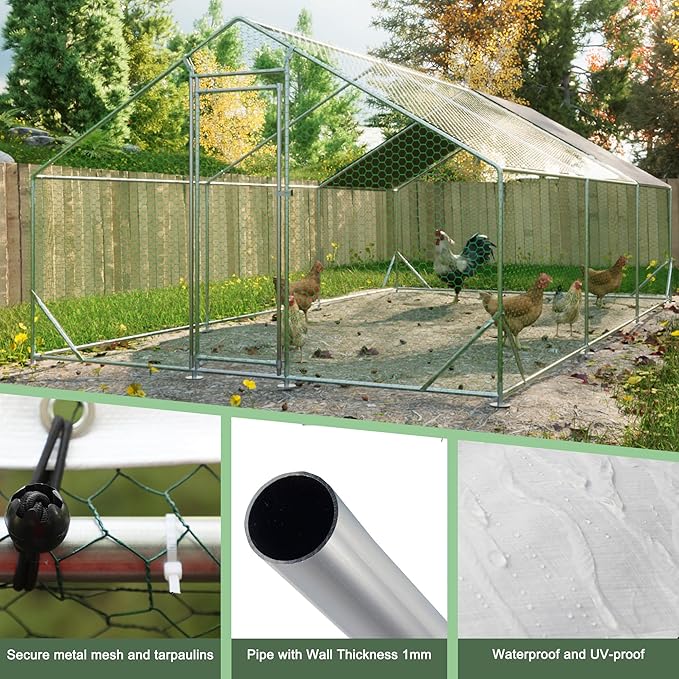 Large Chicken Coop,Metal Chicken Run for Yard with Door,Outdoor Galvanized Wire Poultry Chicken House with Waterproof and Anti-UV Cover,Duck Rabbit Cage (10' L x 20' W x 6.56' H)