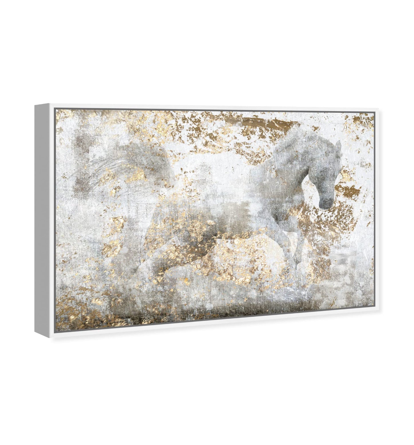 Country Farmhouse Canvas Print Painting Animal Wall Art 'Running Horse' White Framed Canvas Rustic Home Décor 54x36 in White, Gold by Oliver Gal