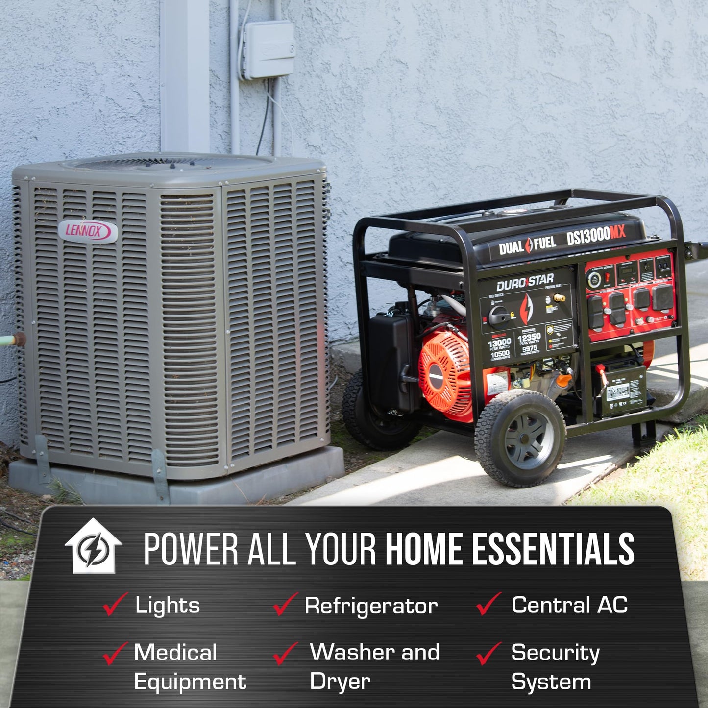 DuroStar DS13000MX 13,000-Watt 500cc Dual Fuel Portable Generator - Gas and Propane, Remote Electric Start, Whole Home Power Backup, Transfer Switch Ready, RV & Emergency Ready