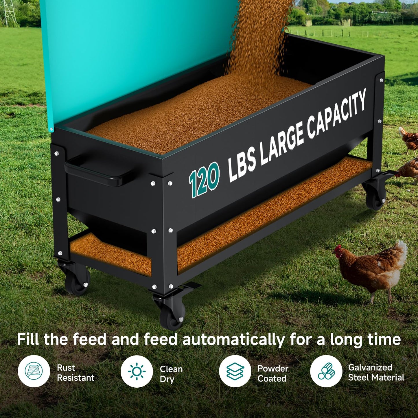 Heavy Duty Chicken Feeder 120 lbs Large Capacity, Metal Automatic Poultry Feeding Box with Waterproof Lid, Raised Standing Feeder with Wheels for Hens & Roosters, Portable & Easy to Move