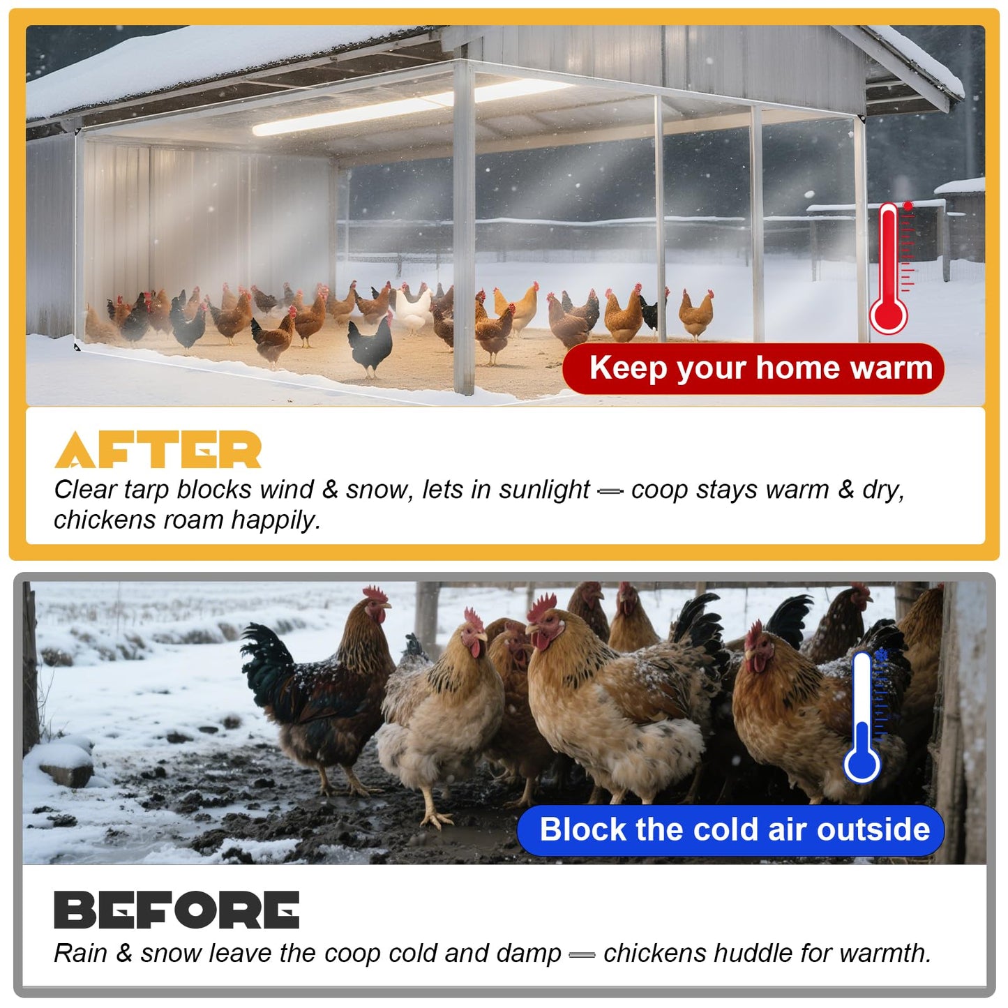 16Mil Chicken Coop Covers for Winter,4x6ft Thicken Clear Winterizing Insulation Vinyl Tarp for Chicken Run,Transparent Waterproof Anti-Tear with Elastic Cords & Rope for Porch Patio Poultry Enclosure