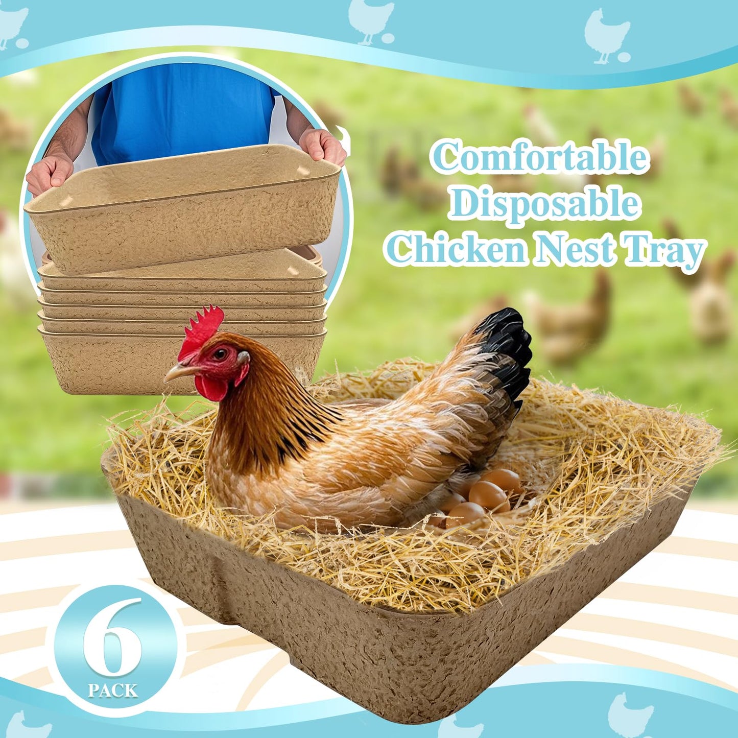 HUMUMU Disposable Chicken Nesting Box – Large (16.2" x 12.5" x 3.8") – Nesting Box for Egg Laying Hens or Disposable Litter Boxes for Cats – Sturdy, Sustainable – Chicken Coop Accessories (6-Pack)