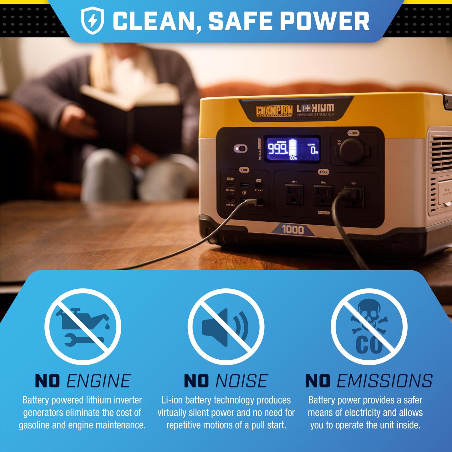 Champion Power Equipment 201260 998-Wh Power Station 2000/1000-Watt Portable Lithium-Ion Battery Solar Generator