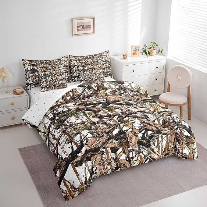 Feelyou Tree Branches 7 Pieces Bedding Set, for Kids Wild Hunting Bed Set Full Size Botanical Tree Bed in a Bag with Comforter, Sheets, Pillowcases Bedroom Decor Nature Theme White Brown