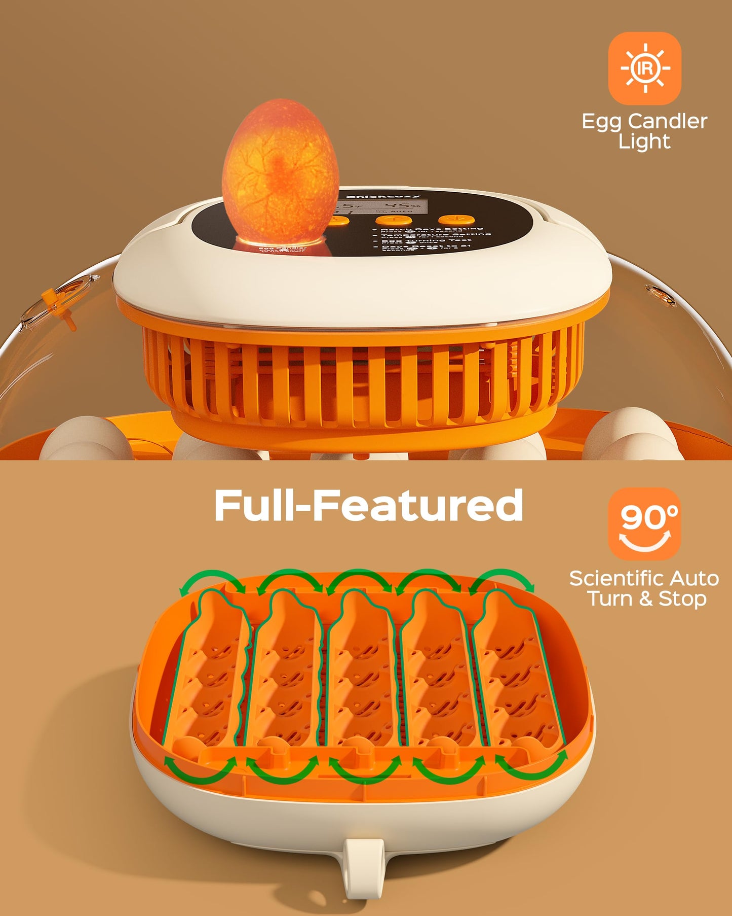 [2024 Upgrade] 25 Egg Incubator, Automatic Egg Turner with Thermometer Seat and Humidity Control, Egg Candler, 360° View with Clear Window, Incubators for Hatching Chicks (Sunlit Orange)