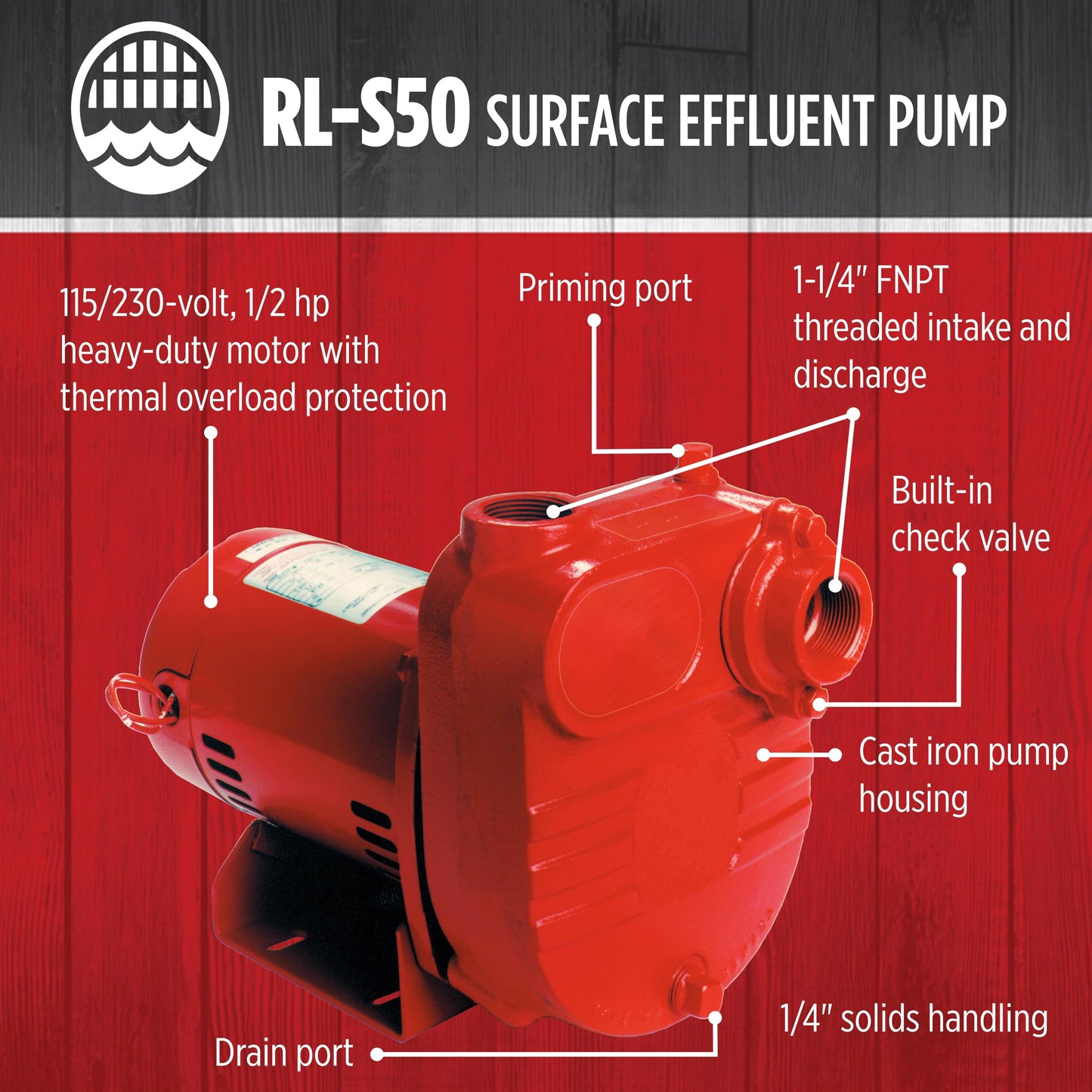Red Lion RL-S50 115/230 Volt, 1/2 HP, 2940 GPH Self Priming Cast Iron Surface Effluent Pump, Red, 621810