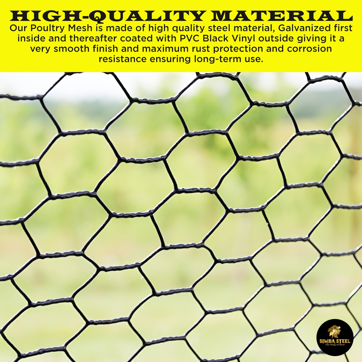 SIMBA STEEL - 12” x 100 FT PVC Hexagonal Poultry Netting Chicken Wire | 1" Mesh | 20 Gauge | Black PVC Vinyl Coated | Rust Proof | for Garden, Fence, Chicken, Rabbit (PVC 12 x 100)