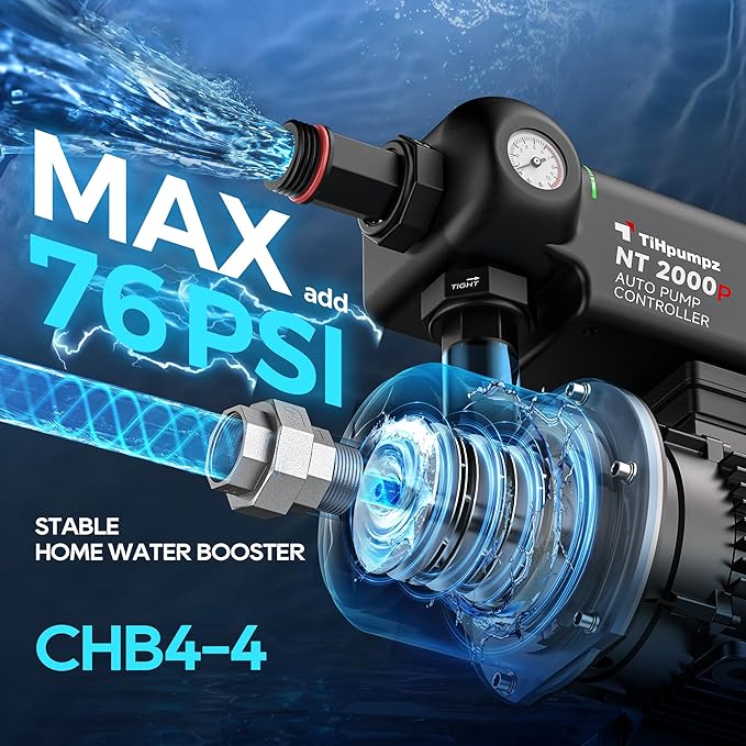 Auto Water Pressure Booster Pump for Home. 110VAC/60HZ, 2/3HP, 1HP, 1.5HP for Whole House, Underground or Surface Water Sources (CHB4-4)