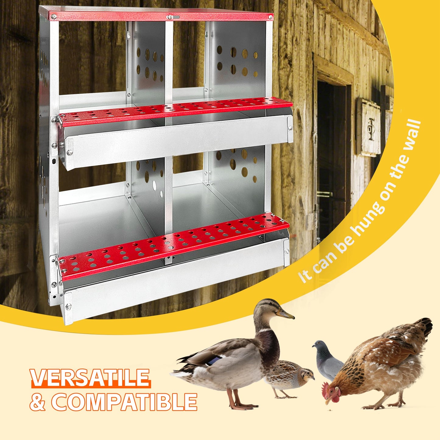Chicken Nesting Boxes,4 Compartments Metal Chicken Laying Box with Roll Out Egg Collection with Large Vented Holes for Chickens, Hens, Ducks, Large Egg Laying Boxes (4 Compartments)