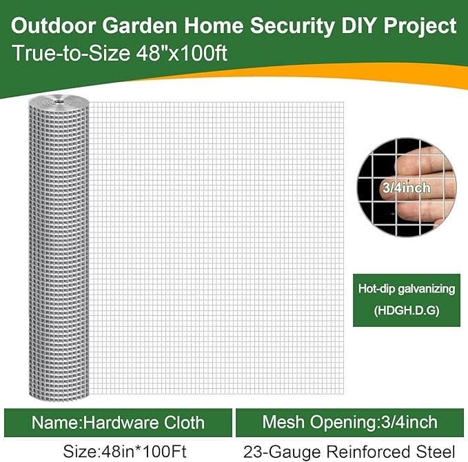 48in x 100ft Hardware Cloth Hot-Dip Galvanized Welded Wire Mesh - Heavy Duty 23 Gauge Chicken Wire Fencing for Garden, Chicken Coop, Rabbit Cage, Rodent & Predator Protection