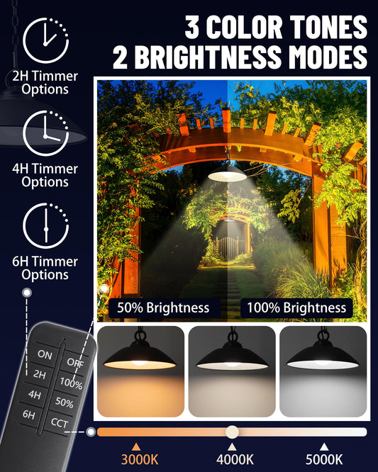 MOON-DE-AGE Solar Pendant Lights with Remote Control, 3 Color 2 Brightness Mode Timer 8 inch Outdoor Hanging Shed Gazebo Chandelier Lamp Chicken Coop Barn Porch Light, Dusk to Dawn, 1 Pack