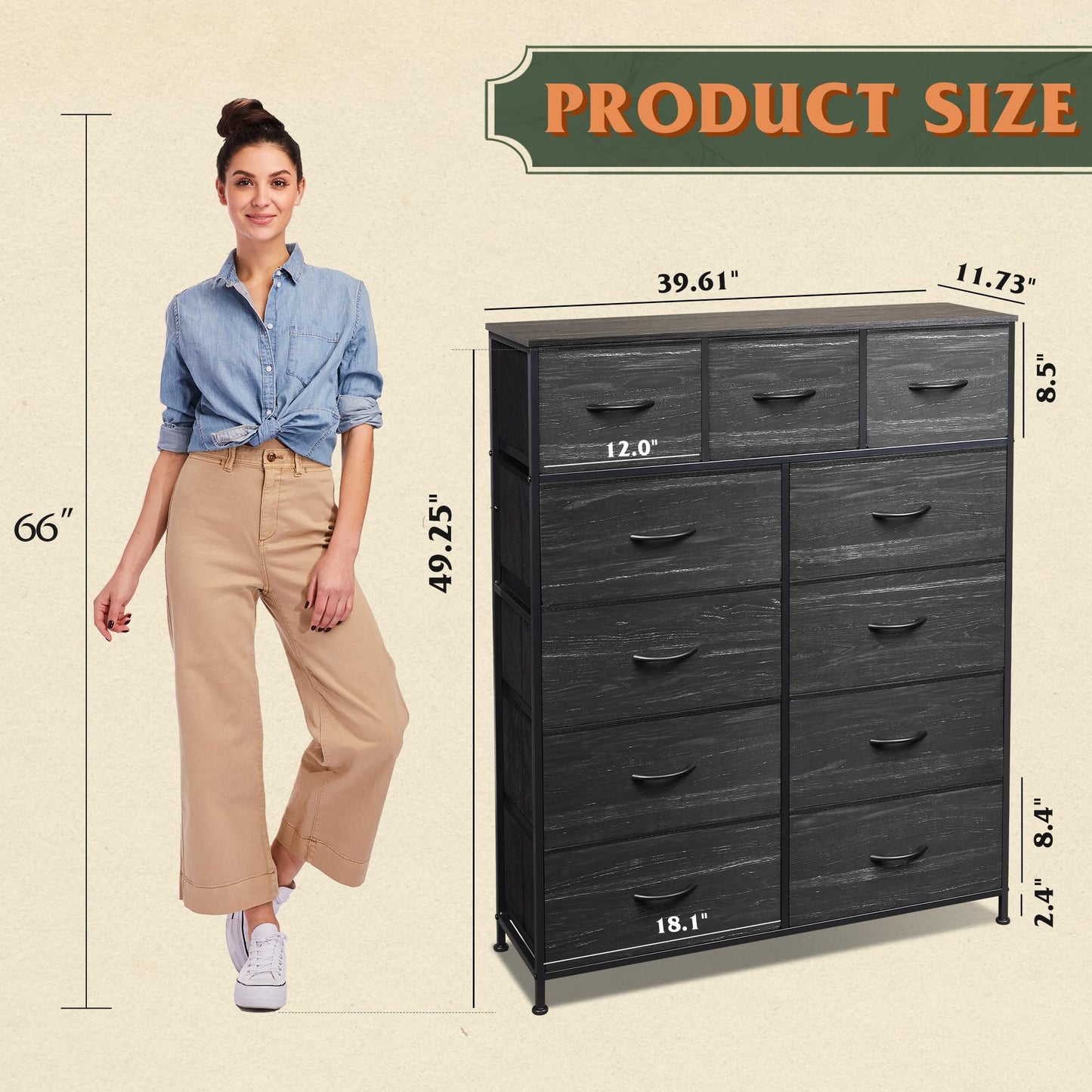 WLIVE Storage Organizer Unit with 11 Fabric Bins, Storage Drawers Organizer with Steel Frame, Tall Storage Tower Organizaton for Living Room, Hallway, Office, Charcoal Black Wood Grain Print