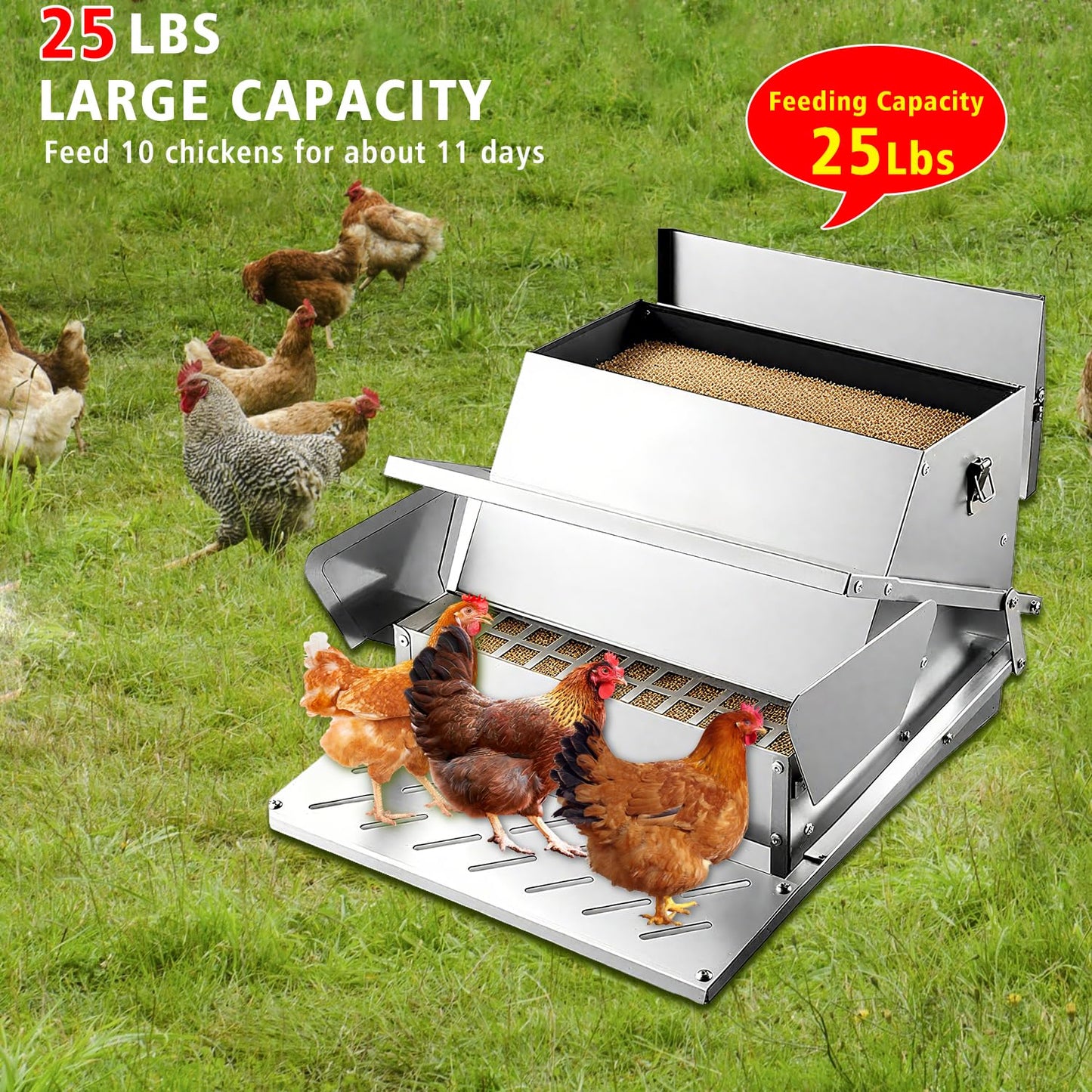 Automatic & Treadle Chicken Feeder, Rat Proof Chicken Feeder with Pedals, Sturdy Galvanized Steel Build & Weatherproof Locking Lid, Rain and Moisture Proof, No Waste, Suitable for Poultry