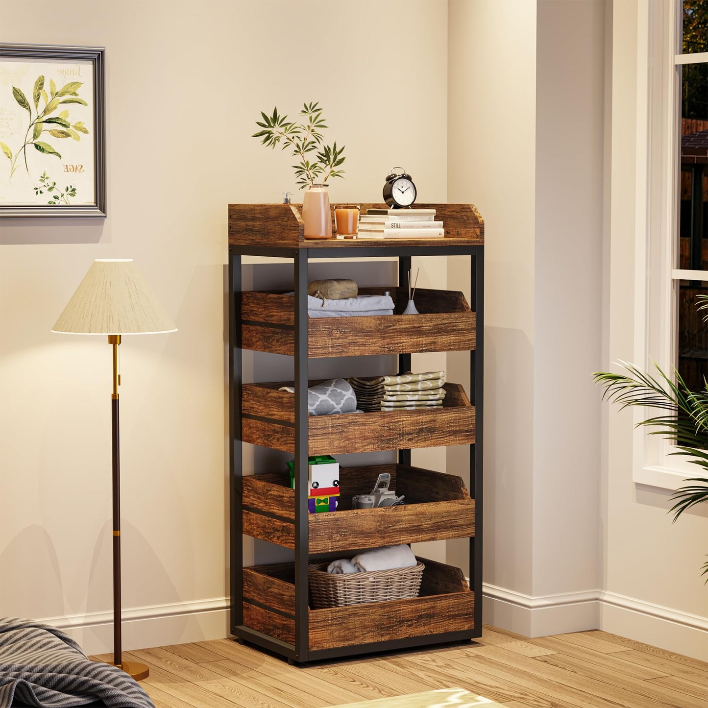 LITTLE TREE 5-Tier Wood Fruit Vegetable Storage Basket Stand, Pull-Out Snack Stand Fruit Basket Stand, Utility Shelf Organizer for Kitchen, Living Room, Bedroom, Rustic Brown