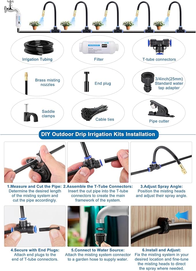 Mornajina Automatic Drip Irrigation Kits Garden Irrigation System, Includes Calcium Inhibitor Filter & 50FT 5/16 inch Irrigation Tubing Hose & 15Pcs 360° Bending Dropper Atomizing Mist Nozzles Tee