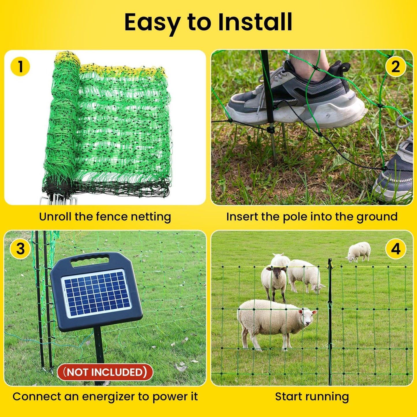 Electric Fence Netting, 164'L x 35.4" H Electric Anti-Predator Poultry Fence, PE Net Fencing Kit with 14 Posts Double Spiked, Movable Livestock Nets for Sheep, Hogs, Cattle and Other Poultry
