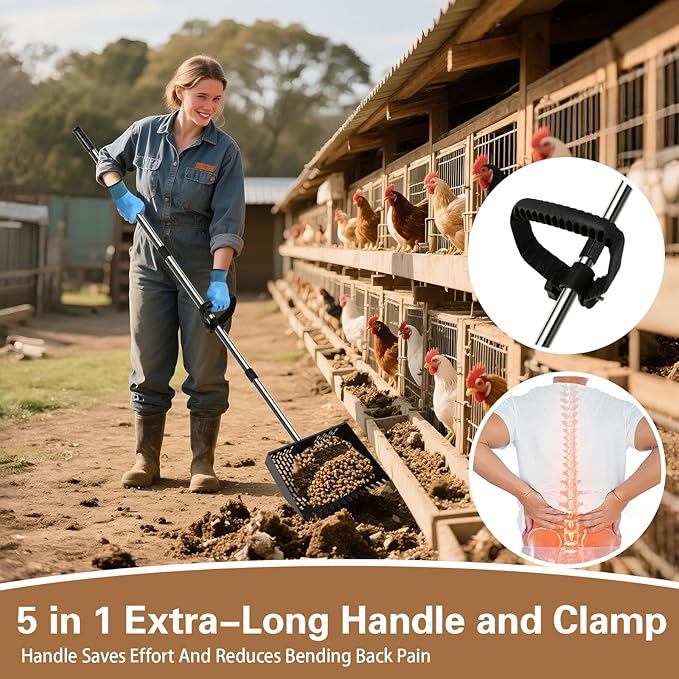 12inch Chicken Poop Scooper & Rake 2-in-1 Chicken Scooper for Poop with 36 to 77" Adjustable Stainless Steel Handle Gloves Heavy Duty Litter Sifting Shovel for Cleaning Coop Farm Pet Waste