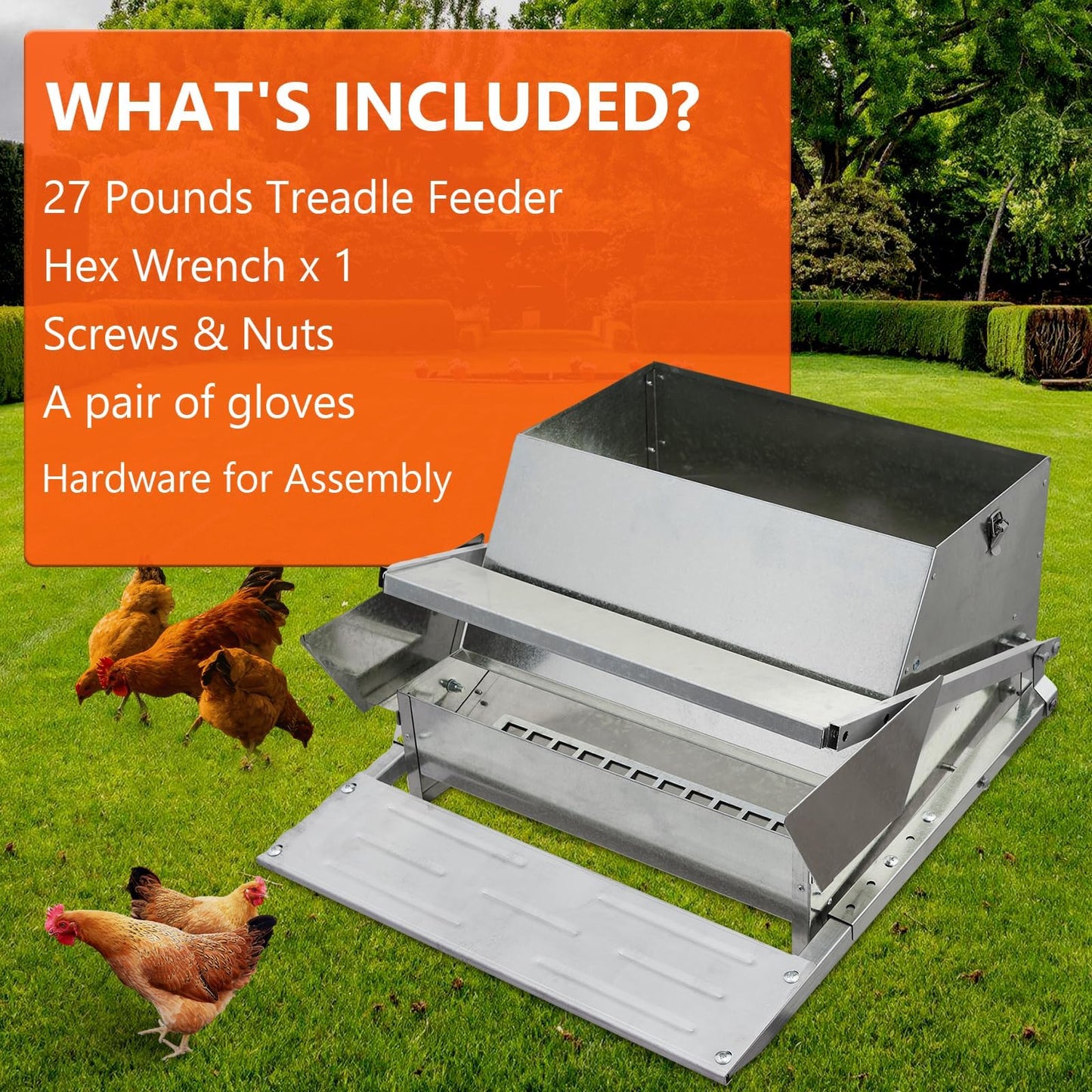 Galvanized Steel Automatic Chicken Feeder with Treadle, 27 LB Large Chicken Feeders No Waste, Rat Proof Chicken Feeder with 10 Chickens for 11 Days