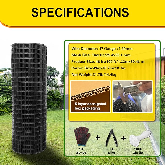 Black Hardware Cloth 1inx48inx100ft, Chicken Wire Fencing, 17Gauge, Vinyl PVC Coated Mesh, Welded Wire mesh, Perfect for Gopher Wire, Rodent Mesh, Tree Guard, Chicken Coop