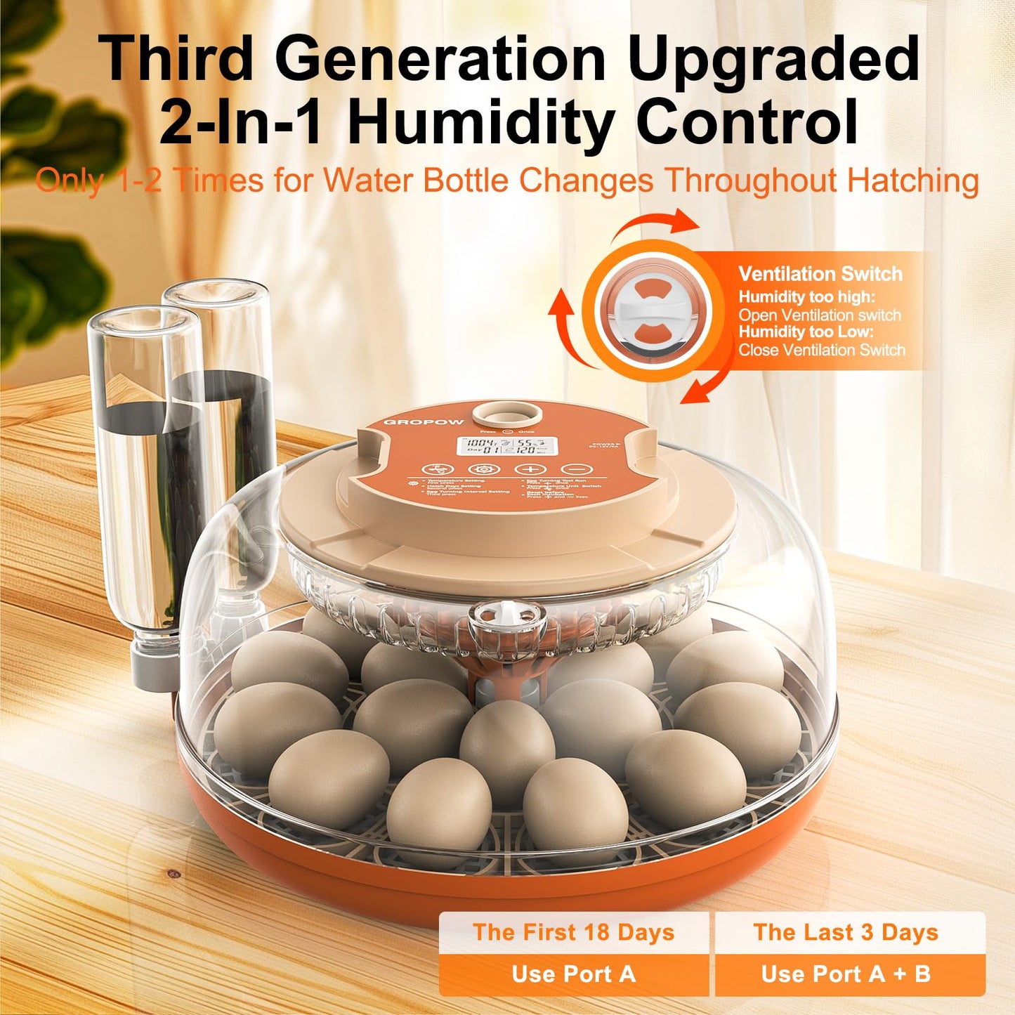GROPOW 18 Egg Incubator, Automatic Turning with Temperature & Humidity Control, Egg Candler, 360 View with Air Vent, Auto Water Bottle Refill, Chicken Incubator for Hatching Eggs