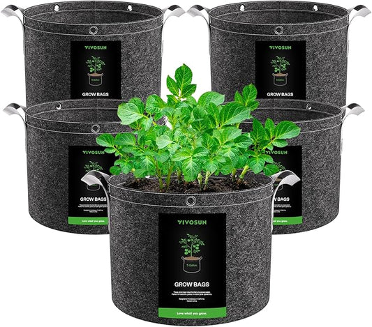 VIVOSUN 5-Pack 5 Gallon Grow Bags, 500G Thick Nonwoven Fabric Pots with Strap Handles, Multi-Purpose Rings, for Low Stress Plant Training Fruits, Vegetables, and Flowers