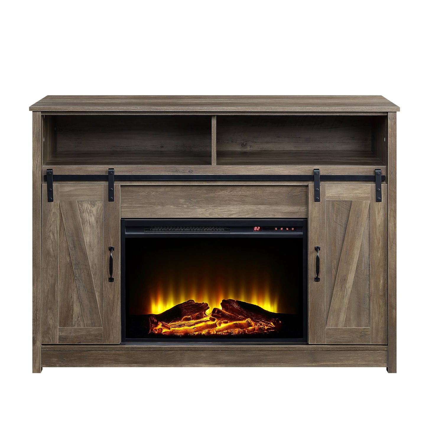 ACME Tobias Electric Fireplace Rustic Farmhouse TV Stand with Sliding Barn Door for TVs up to 55", Rustic Oak Finish