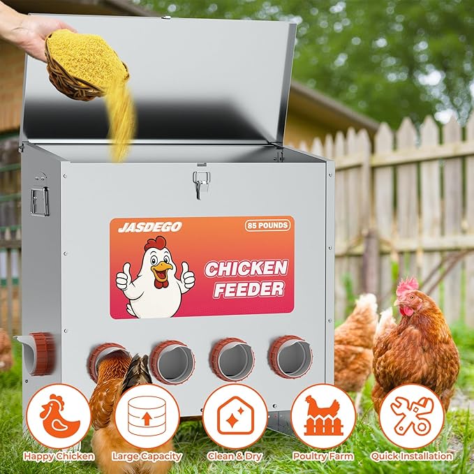 6 Ports Automatic Chicken Feeder 85 Pounds Large Gravity Fed Chicken Feeder with Latch & Handle for Chickens Bantams Pheasants Poultry Coop Weatherproof