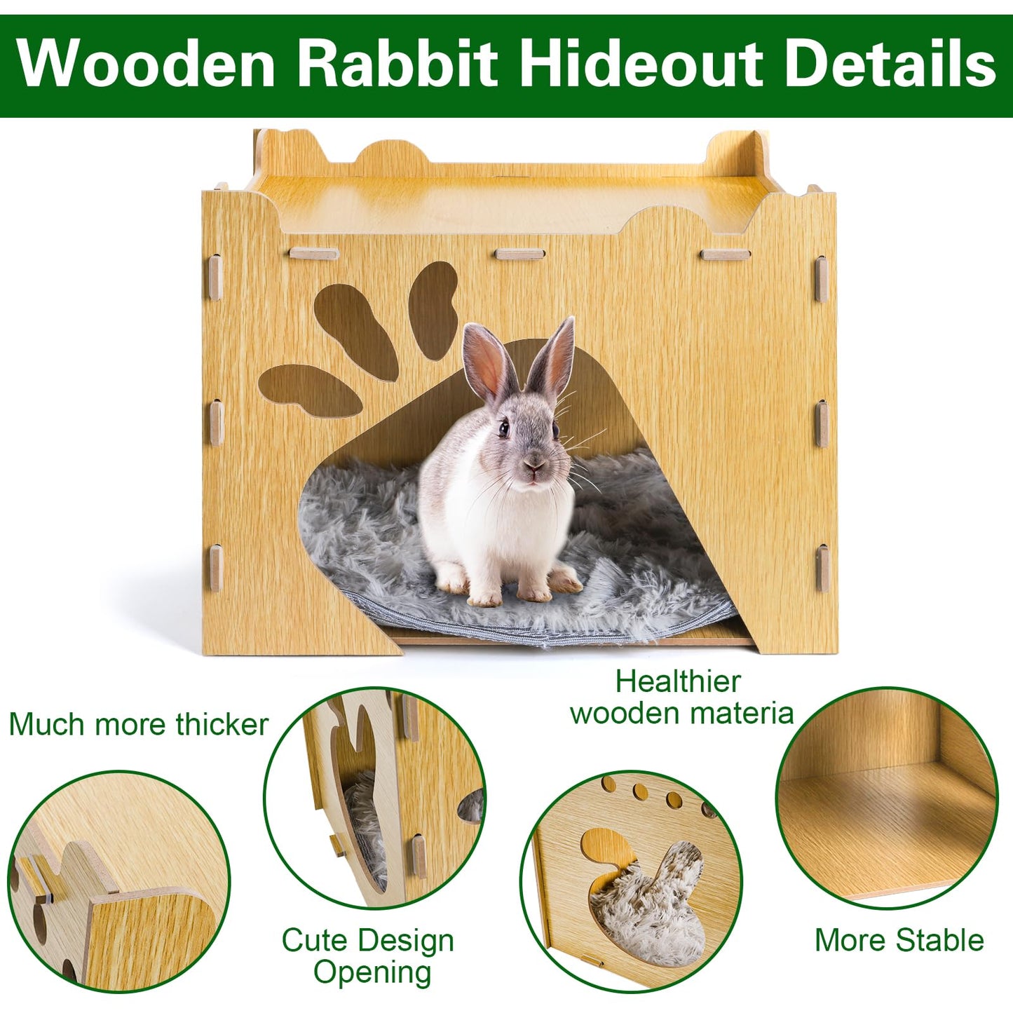 Yesland Rabbit Hideout Castle, Large Wooden Bunny Houses and Hideouts with Pet Pad, Detachable Small Animal Play Hideaway Hut and Playhouse for Indoor Bunnies Guinea Pig Hamster Chinchilla Gerbi